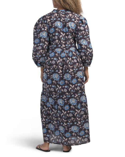 BINDU Block Print Floral Dress With Puff Sleeves