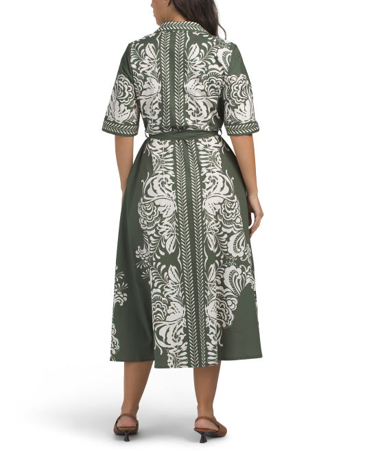 SPIGHE DI LINO Made In Italy Three-quarter Sleeve Border Print Maxi Dress With Belt