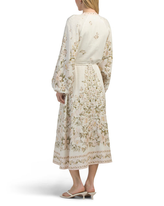 CALYPSO ST. BARTH Linen Blend Printed Long Sleeve Maxi Dress With Rope Belt