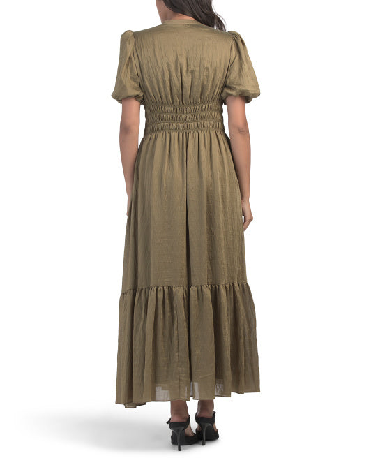 TAYLOR Puff Sleeve Button Down Smocked Waist Maxi Dress