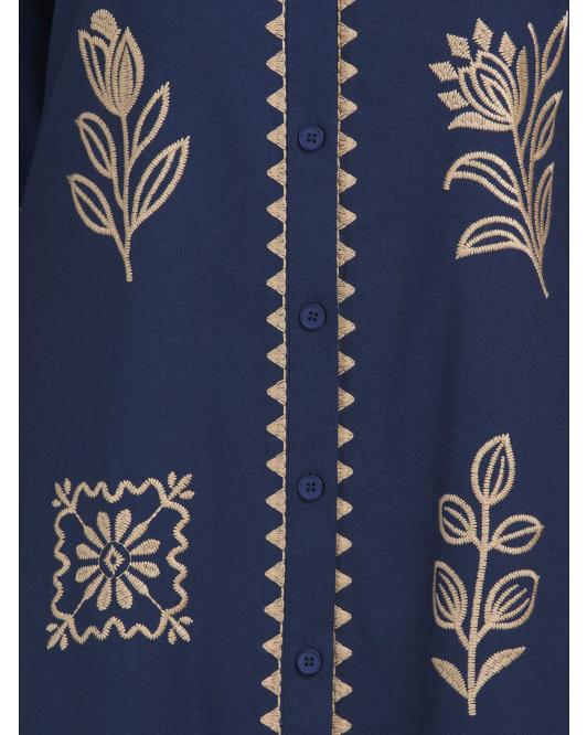 SOLITAIRE Linen Blend Long Sleeve Floral Embroidered Maxi Shirt Dress