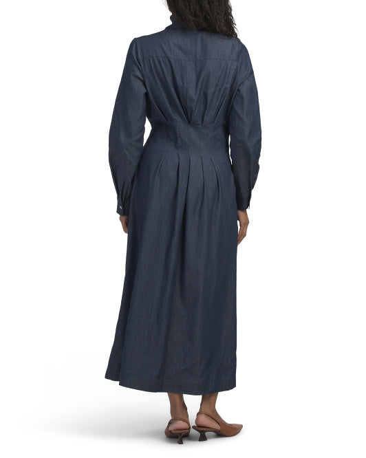 LINEA MODA Made In Italy Long Sleeve Tie Neck Denim Dress With Pleated Waist