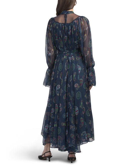 NANCY YANG Beaded Neck Chiffon Paisley Maxi Dress
