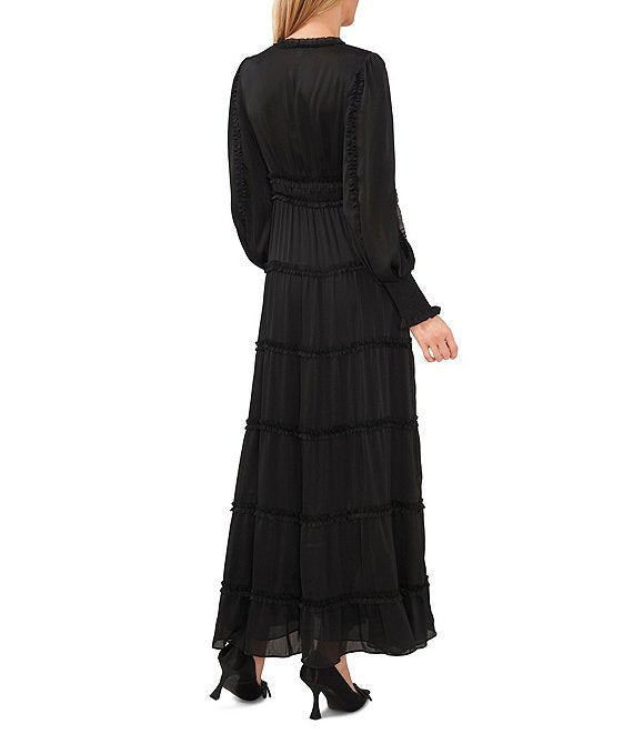 Color:Rich Black - Image 2 - Plisse Satin Ruffle Deep V-Neck Long Smocked Cuff Sleeve Tiered Maxi Dress