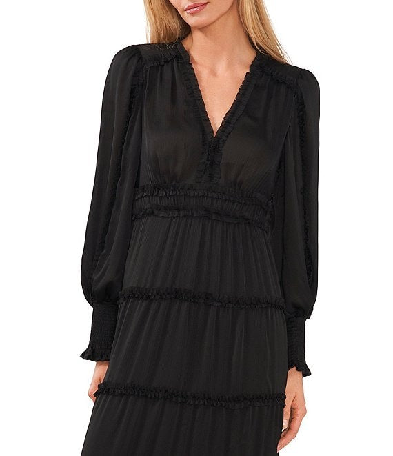 Color:Rich Black - Image 3 - Plisse Satin Ruffle Deep V-Neck Long Smocked Cuff Sleeve Tiered Maxi Dress