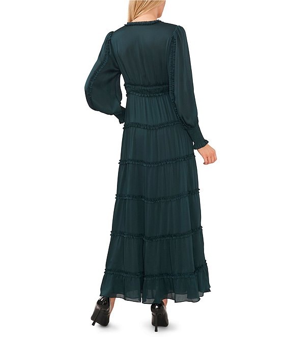 Chelsea Violet Plisse Satin Ruffle Deep V Neck Long Smocked Cuff