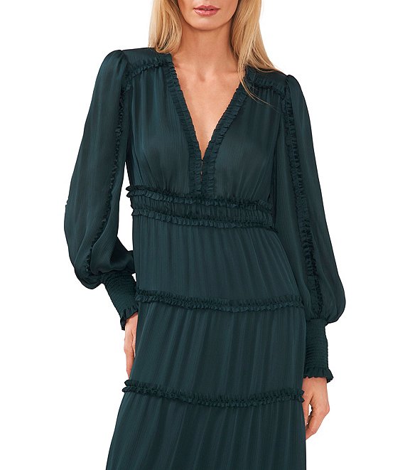 Chelsea Violet Plisse Satin Ruffle Deep V Neck Long Smocked Cuff