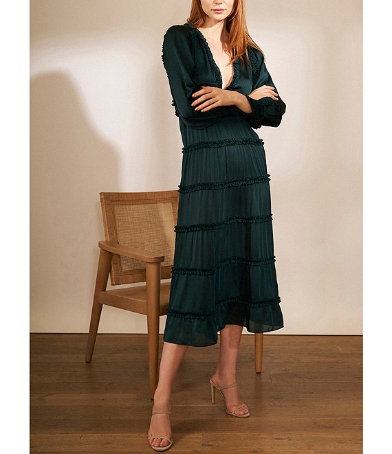 Color:Ponderosa Pine - Image 5 - Plisse Satin Ruffle Deep V-Neck Long Smocked Cuff Sleeve Tiered Maxi Dress