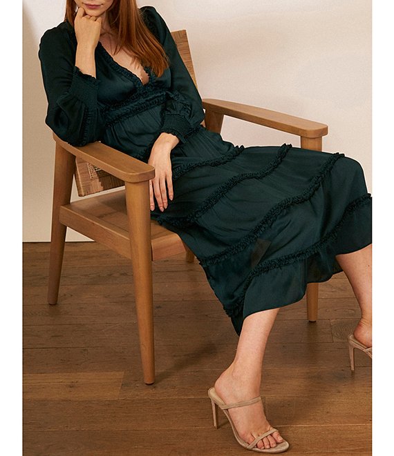 Color:Ponderosa Pine - Image 6 - Plisse Satin Ruffle Deep V-Neck Long Smocked Cuff Sleeve Tiered Maxi Dress