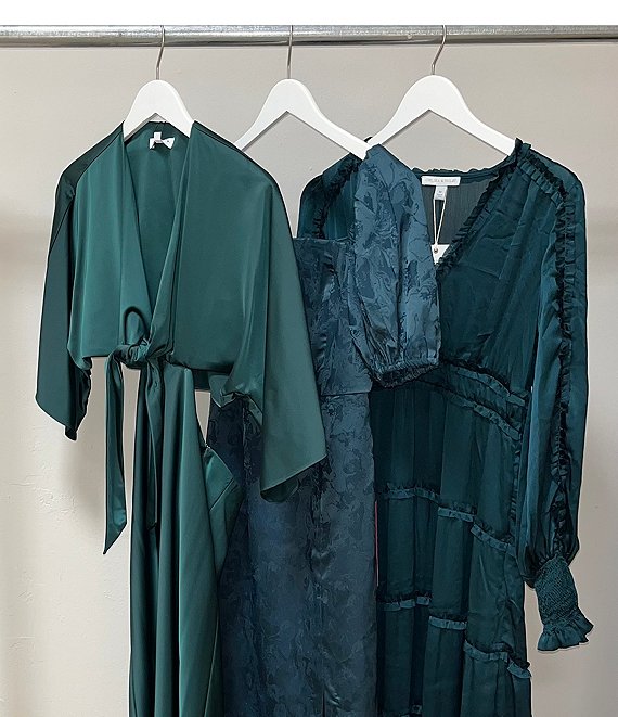 Color:Ponderosa Pine - Image 7 - Plisse Satin Ruffle Deep V-Neck Long Smocked Cuff Sleeve Tiered Maxi Dress