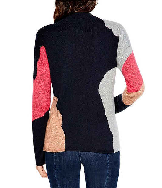 Color:Indigo Multi - Image 2 - Glowing Embers Color Block Foil Print Mock Neck Long Sleeve Sweater