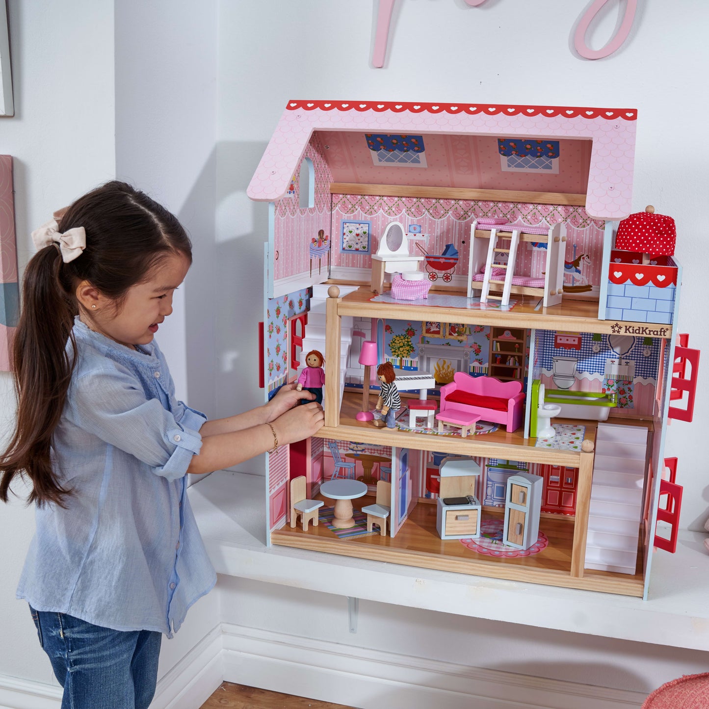image 3 of KidKraft Chelsea Doll Cottage Wooden Dollhouse with 16 Accessories, for 5-Inch Dolls