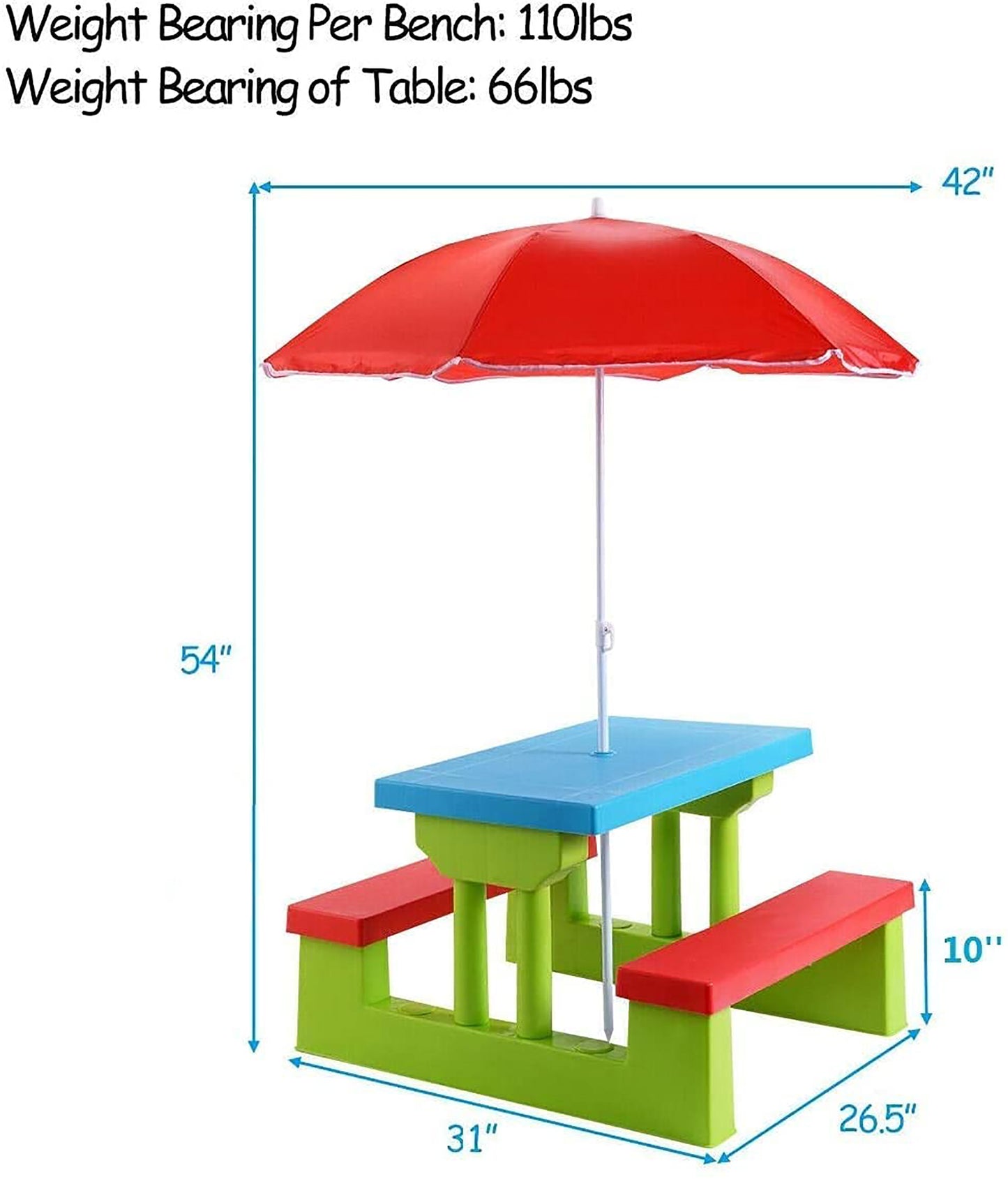 image 6 of Costway 4 Seat Kids Picnic Table w/Umbrella Garden Yard Folding Children Bench Outdoor