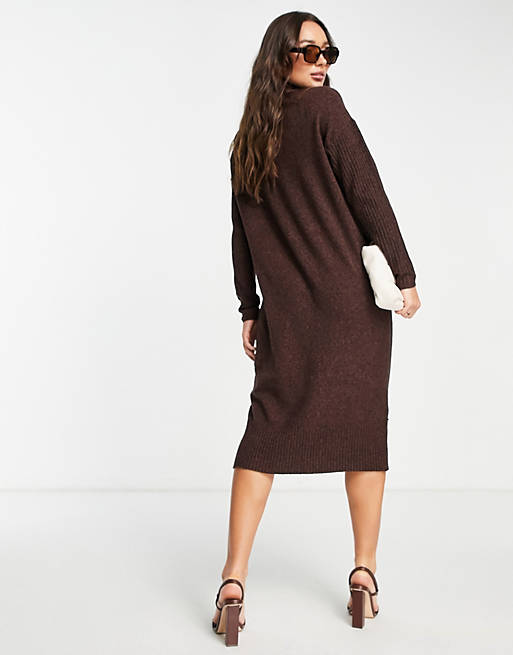 M Lounge knitted rib sleeve maxi dress in chocolate brown