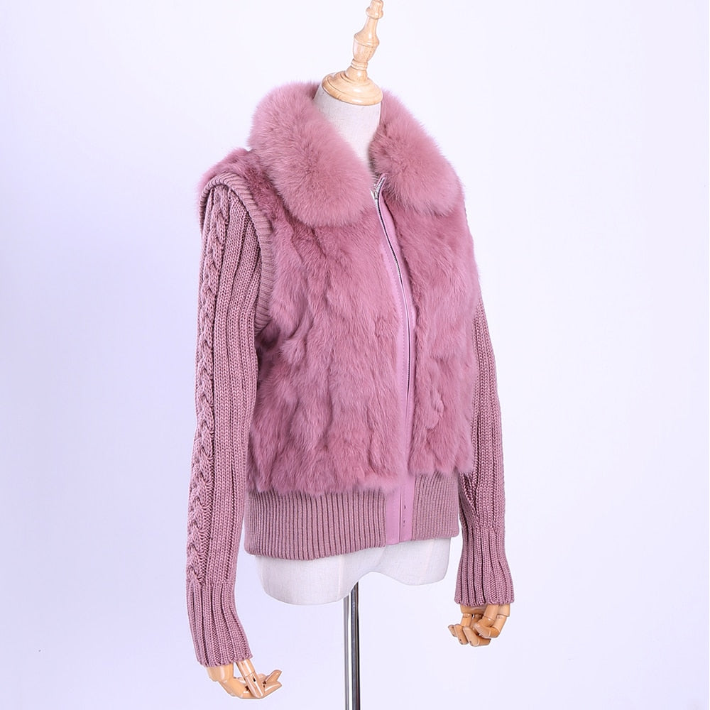 2020 Women's Genuine Real Rabbit Fur Fox Fur Collar Knitting Sleeve Women's Winter Coat Fur Jacket Casual Short Outwear Slim