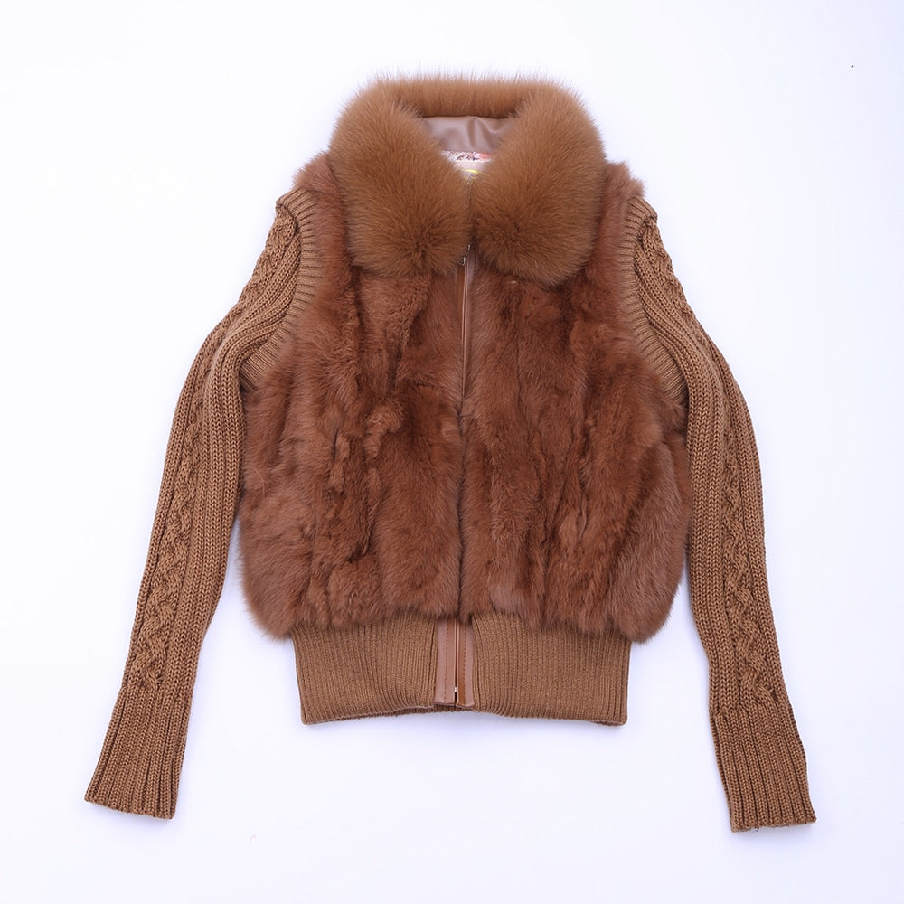 2020 Women's Genuine Real Rabbit Fur Fox Fur Collar Knitting Sleeve Women's Winter Coat Fur Jacket Casual Short Outwear Slim