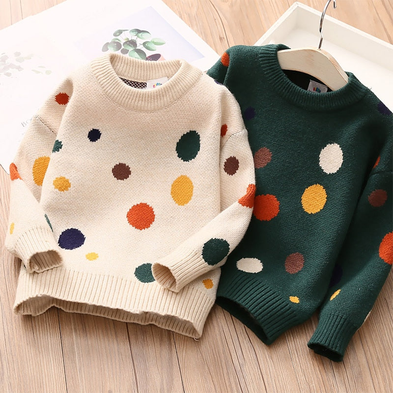 2022 Autumn Spring 2 3 4 6-10 Years Kids Children'S Clothing O-Neck Colorful Dot Knitted Pullover Winter Sweater For Baby Girls