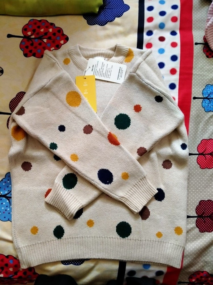 2022 Autumn Spring 2 3 4 6-10 Years Kids Children'S Clothing O-Neck Colorful Dot Knitted Pullover Winter Sweater For Baby Girls