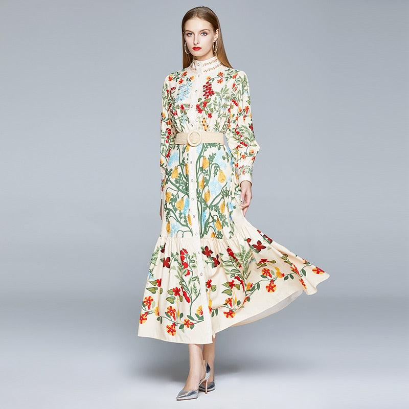 2023 Autumn Runway Maxi Dress Women's Long Sleeve Stand Gorgeous Flower Print Long Dress Female Buttons up Sashes Holidays Dress
