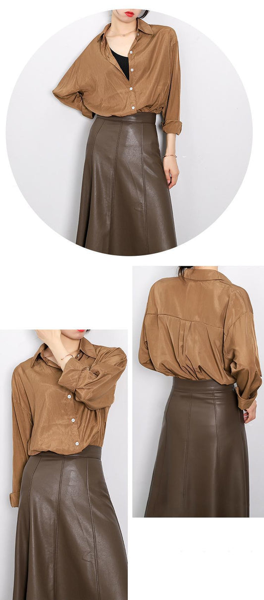 2023 Women's New Mid Length PU Leather Skirt The Classic Solid High Waist Large Swing Lazy woman skirt