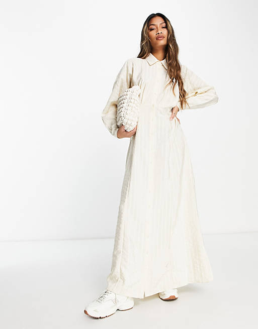 ASOS DESIGN texture stripe volume sleeve maxi shirt dress in vintage cream