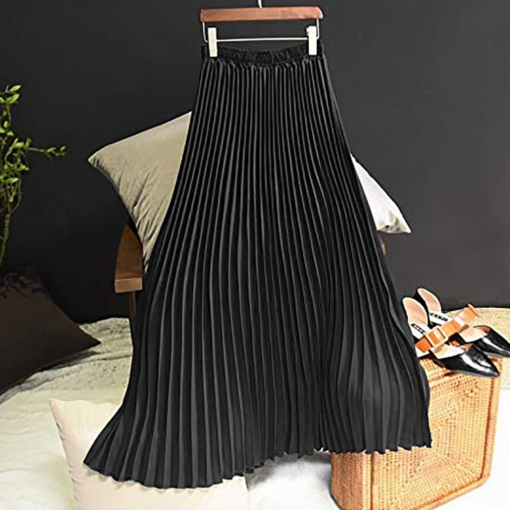 Womens Solid Pleated Elegant Midi Elastic Waist Maxi Skirt - image 4 of 6