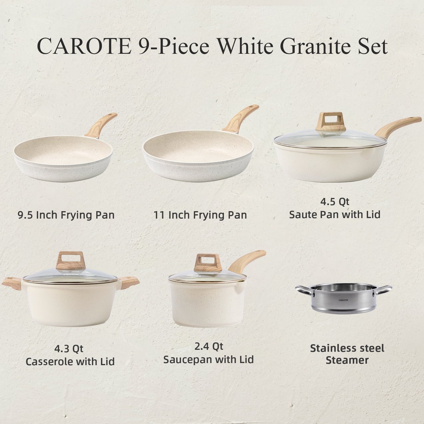 Carote Nonstick Pots and Pans Set, 9 Pcs Induction Kitchen Cookware Sets Free Gift Turner(White Granite) - image 3 of 8