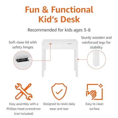 Amazon Basics Wood Lift-Top Kids Rectangular Study Desk, White