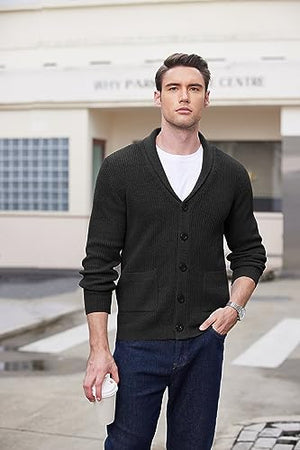 COOFANDY Men's Shawl Collar Cardigan Sweater Slim Fit Cable Knit Button up Sweater with Pockets