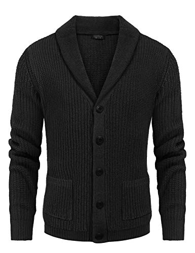 COOFANDY Men's Shawl Collar Cardigan Sweater Slim Fit Cable Knit Button up Sweater with Pockets
