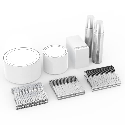 JOLLY CHEF 700 Count Silver Dinnerware Set-200 White and Silver Plastic Plates-Set of 300 Silver Plastic Silverware-100 Silver Plastic Cups-100 Disposable Hand Towel-Disposable Silver Dinnerware