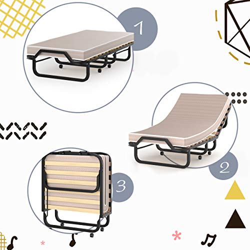 Giantex Rollaway Folding Bed with 4 Inch Mattress for Adults, Foldable Portable Guest Bed with Memory Foam Mattress & Sturdy Metal Frame, Cot Size Fold up Bed on Wheels, Easy to Store, Made in Italy