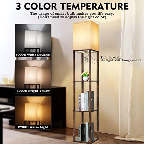 RUNTOP Floor Lamp with Shelves, Modern Shelf Lamp for Display Storage, 3 Color Temperature Wood Narrow Standing Corner Lamp with 8W Bulb for Living Room, Bedroom, Office(Brown)