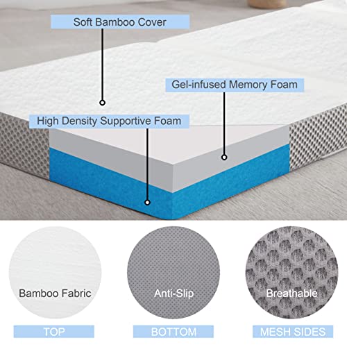 Kingfun Folding Mattress, 3 inch Tri-fold Memory Foam Mattress Topper with Washable Cover,Folding Mattress CertiPUR-US Certified, Play Mat, Foldable Bed, Guest beds, Camp Portable Bed,Single
