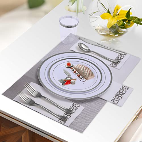 JOLLY CHEF 700 Count Silver Dinnerware Set-200 White and Silver Plastic Plates-Set of 300 Silver Plastic Silverware-100 Silver Plastic Cups-100 Disposable Hand Towel-Disposable Silver Dinnerware