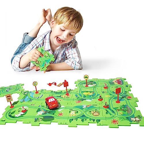 25 PCS New Plastic Puzzles for Kids Ages 3-5 with A Cute Car, Toddler Puzzle Track Play Set Gift, Critical Thinking Educational Toys, Toys for 3 4 5 6 Year Old Boys Girls, Montessori Toys for Kids