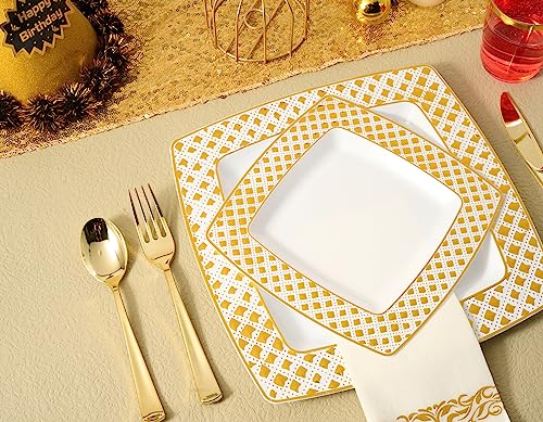 175 Piece Gold Dinnerware Set 25 Guest-50 Diamond Square Plastic Plates-25 Gold Plastic Silverware-25 Gold Plastic Cups-25 Linen Like Gold Paper Napkins, FOCUSLINE Disposable Dinnerware Set