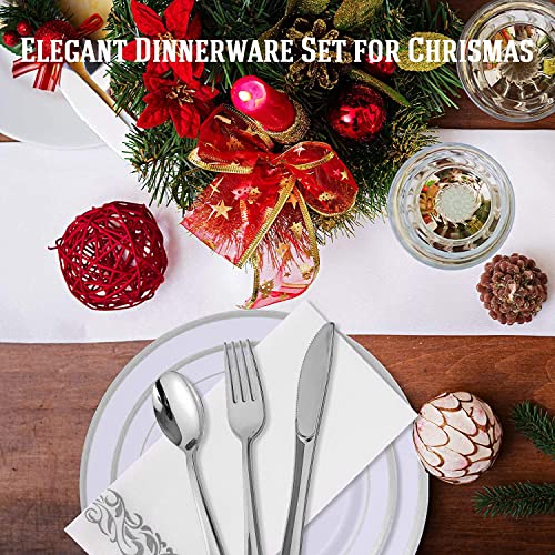 JOLLY CHEF 700 Count Silver Dinnerware Set-200 White and Silver Plastic Plates-Set of 300 Silver Plastic Silverware-100 Silver Plastic Cups-100 Disposable Hand Towel-Disposable Silver Dinnerware