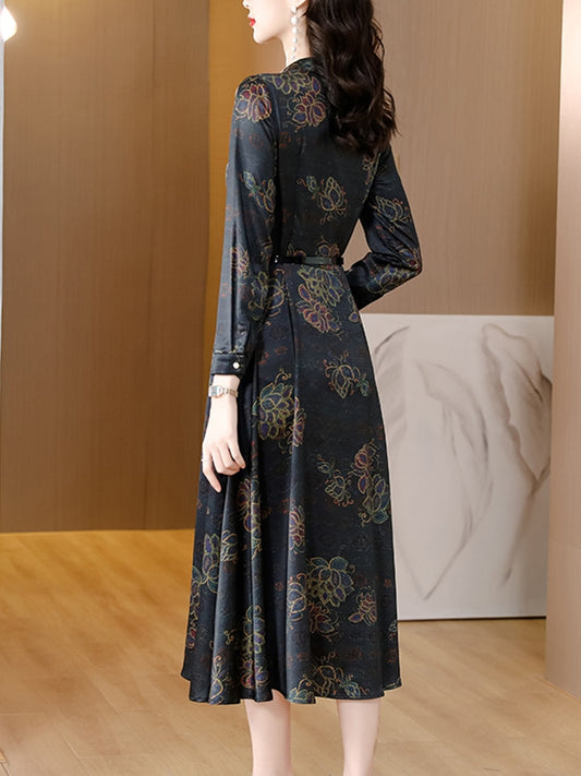 Black Satin Autumn Spring Midi Dress 2022 Women Floral Tunics Chic Robe Long Sleeve Boho Vintage Elegant Dresses For Prom Korean