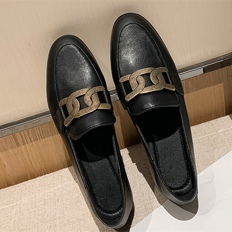 Cowhide Classic Style Black Metal Buckle Leather Flat Loafers Soft Women Shoes Driving Maternity Shoes Pumps Brown Walking