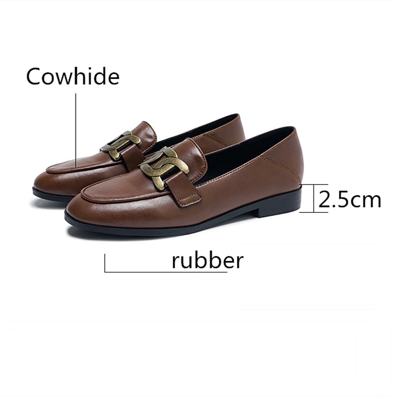 Cowhide Classic Style Black Metal Buckle Leather Flat Loafers Soft Women Shoes Driving Maternity Shoes Pumps Brown Walking