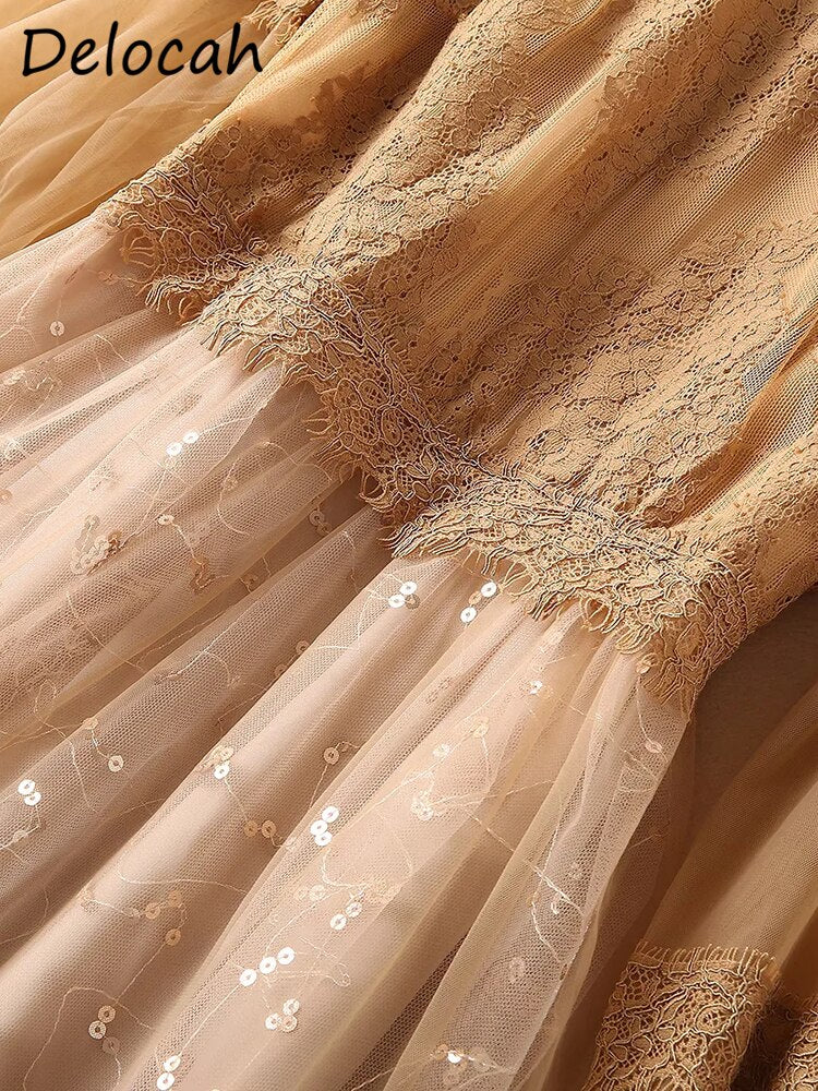 Delocah 2022 Spring Women Fashion Runway Long Dress Flare Sleeve Gorgeous Lace Embroidery Solid Color Ladies Dresses Vestidos