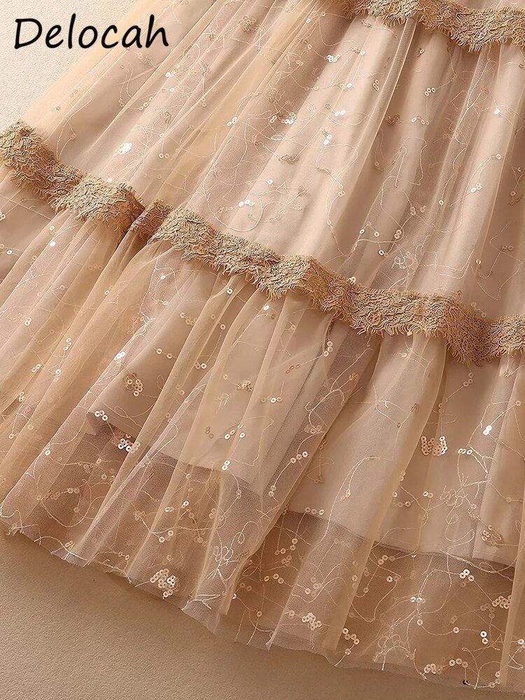 Delocah 2022 Spring Women Fashion Runway Long Dress Flare Sleeve Gorgeous Lace Embroidery Solid Color Ladies Dresses Vestidos