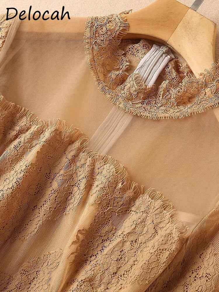 Delocah 2022 Spring Women Fashion Runway Long Dress Flare Sleeve Gorgeous Lace Embroidery Solid Color Ladies Dresses Vestidos