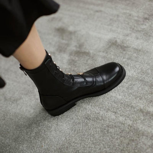 Fashion Women Boots Metal Decoration Round Toe Low Square Heel Ladies Mid-calf Boots Black Zipper All-match Mature Female Shoes