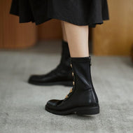 Fashion Women Boots Metal Decoration Round Toe Low Square Heel Ladies Mid-calf Boots Black Zipper All-match Mature Female Shoes