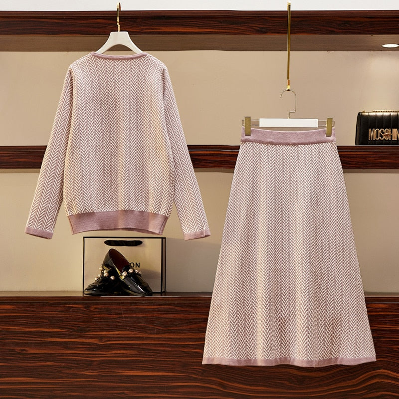 High Quality New Autumn Winter 2 Piece Set Women Knitted Striped Sweater Skirt Suit Long Sleeve Knit Pullover A-line Skirt Sets