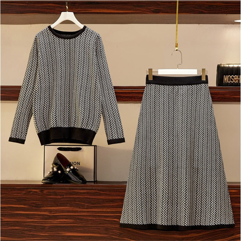 High Quality New Autumn Winter 2 Piece Set Women Knitted Striped Sweater Skirt Suit Long Sleeve Knit Pullover A-line Skirt Sets