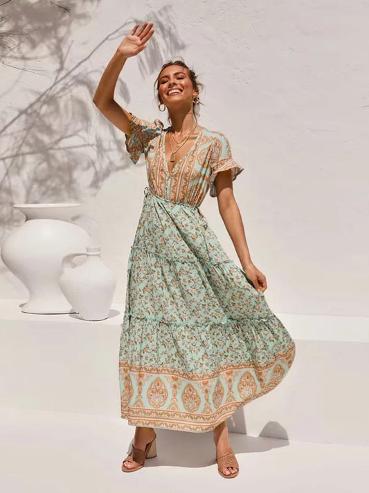 Jastie Boho Floral Printed Maxi Dress V Neck Sexy Ruffle Sleeve Vintage Vestidos 2022 Summer Hippie Beach Casual Women Dresses