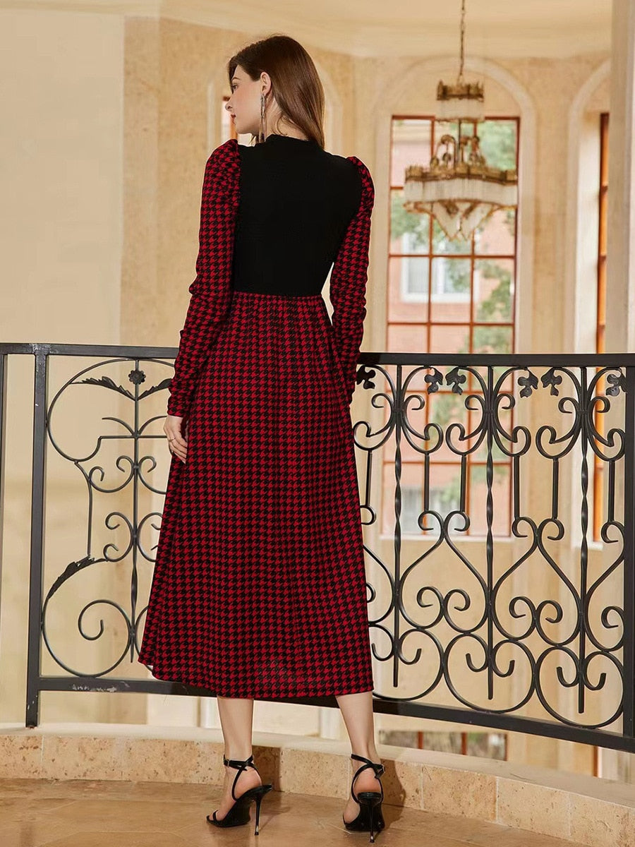 Long sleeve dress 2023 Thousand-bird plaid patchwork dress Spring and autumn women's leisure medium length A-line dress